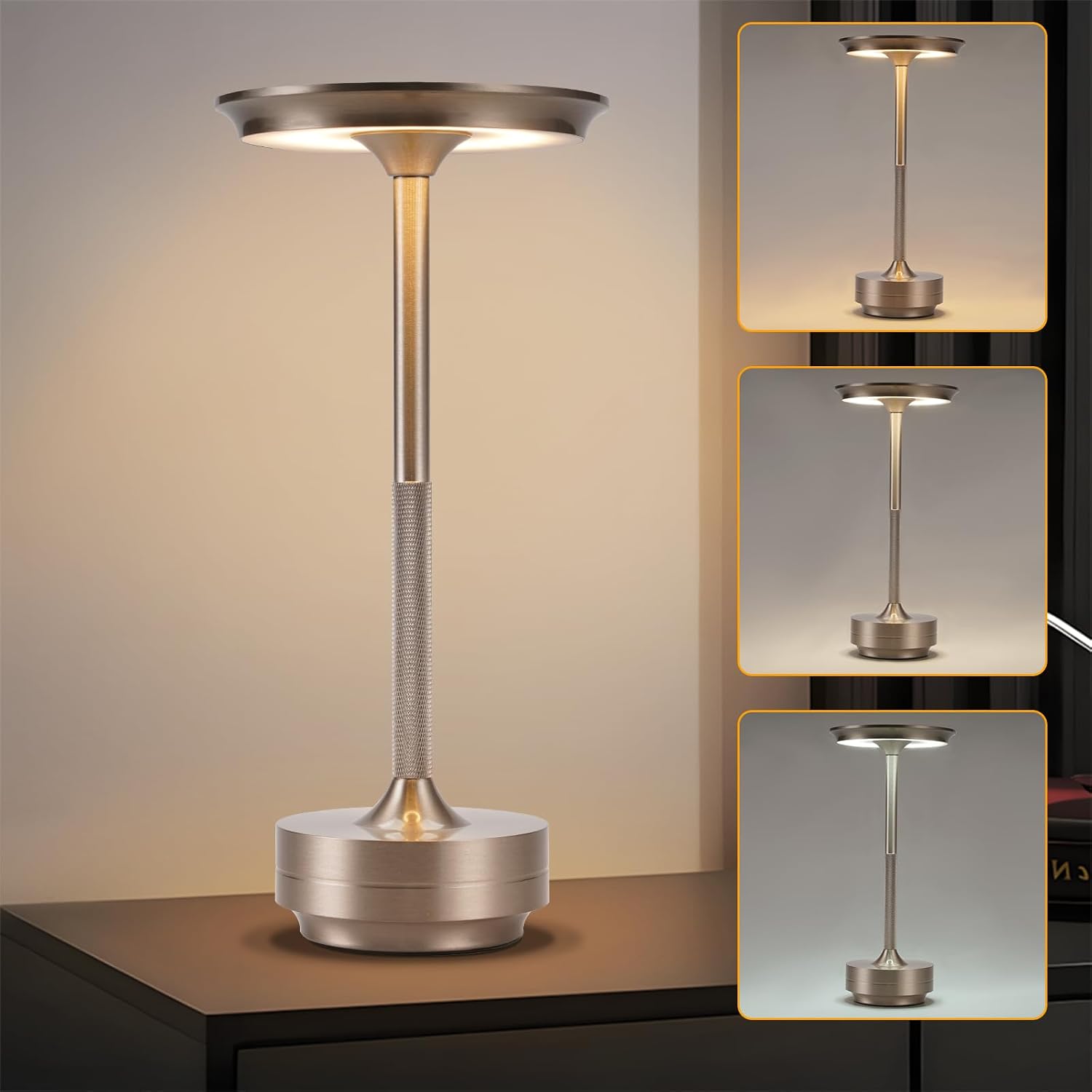 Detalle de meoaow trådlös LED-bordslampa med touch, dimning och USB-C, nickel