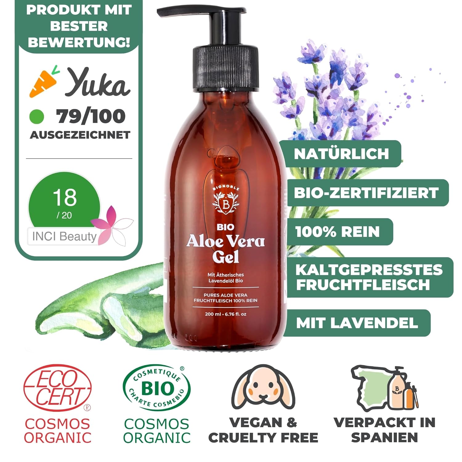 Detalle de BIONOBLE Bio Aloe Vera Gel 100% Blattgel mit Lavendelöl – vielseitige Feuchtigkeit in 200 ml