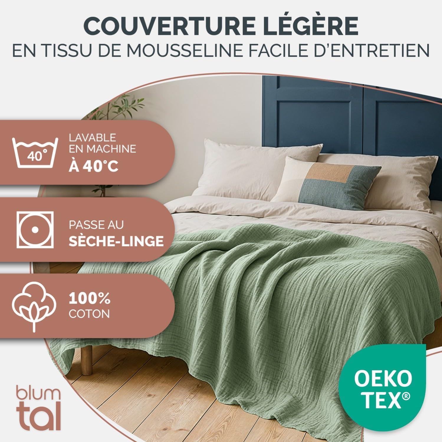 Thumbnail 1 de Blumtal plaid lit 150x200 en mousseline 6 couches (vert été) – couvre-lit & couvre-canapé léger en coton