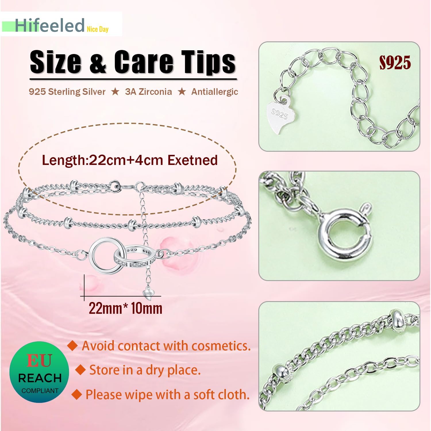 Thumbnail 4 de Hifeeled Bracelet de Cheville Femme Argent Sterling 925 – Double Chaînes Ajustable 22+4 cm