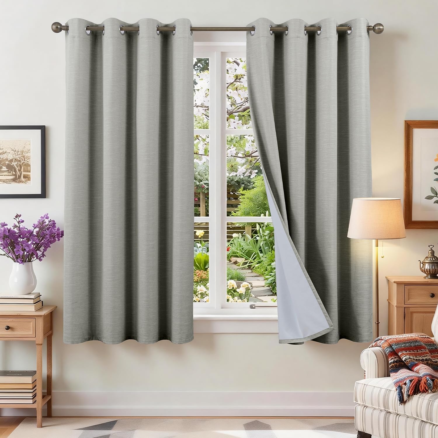 Detalle de Runyéla Verdunkelungsvorhänge in Leinenoptik – 2er Set, 175 cm hoch, 140 cm breit, hellgrau