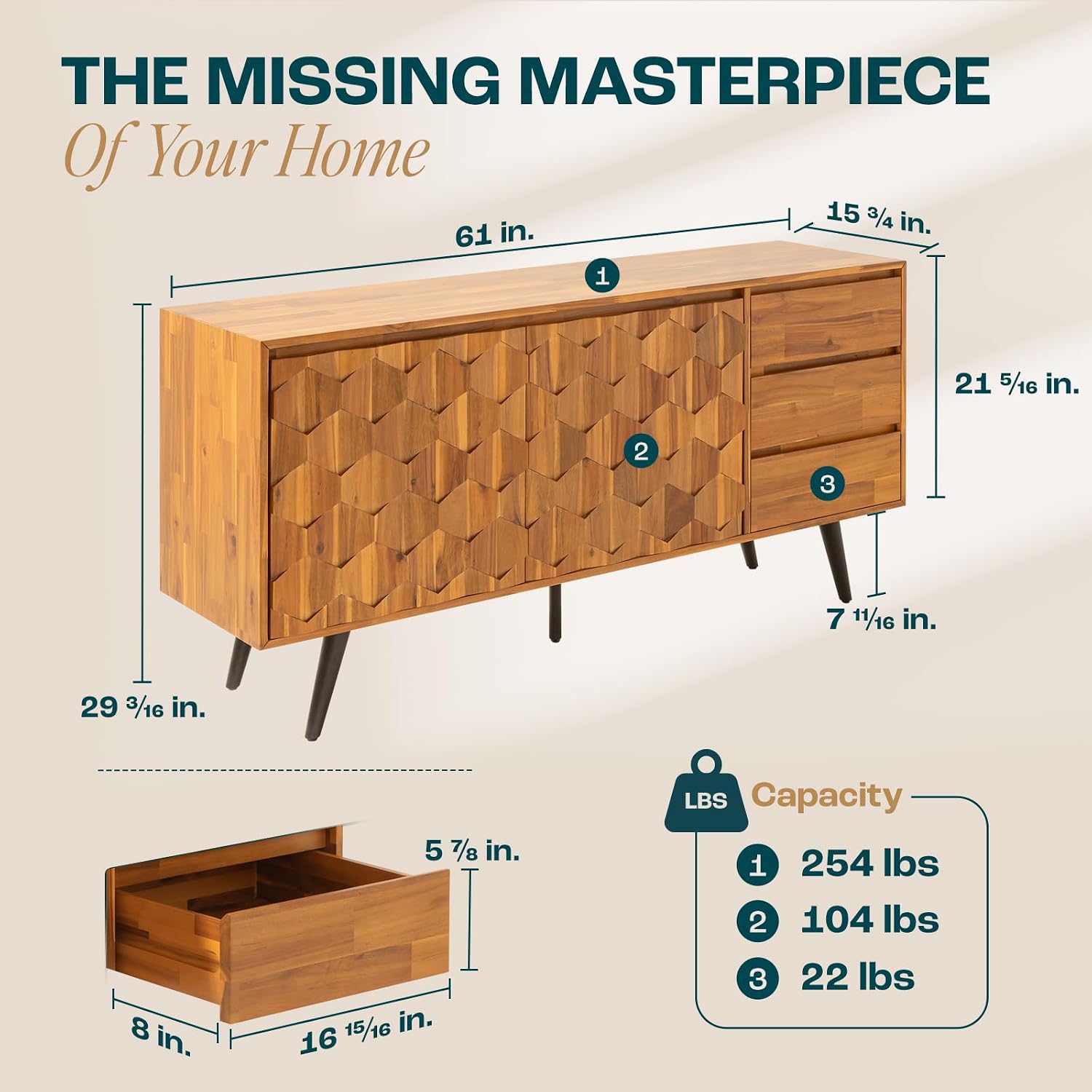 Detalle de Bme Georgina 3YBL Sideboard, Solid Acacia, 2 Doors & 3 Drawers, Teak Brown