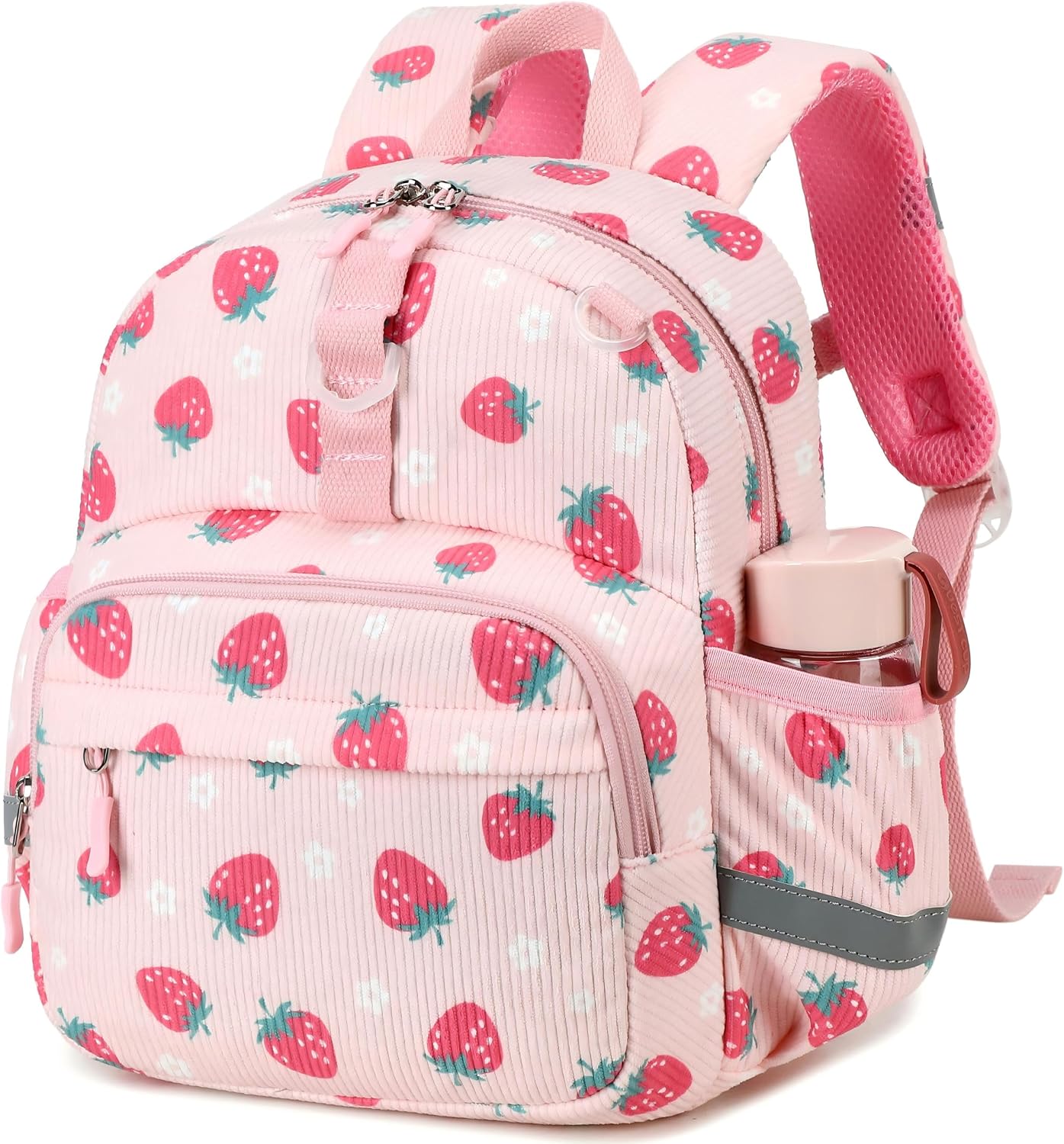 Detalle de LOIDOU Kleinkind-Rucksack Mädchen 12 Zoll – Rosa Erdbeeren & Blumen, 8 L, isolierte Fronttasche