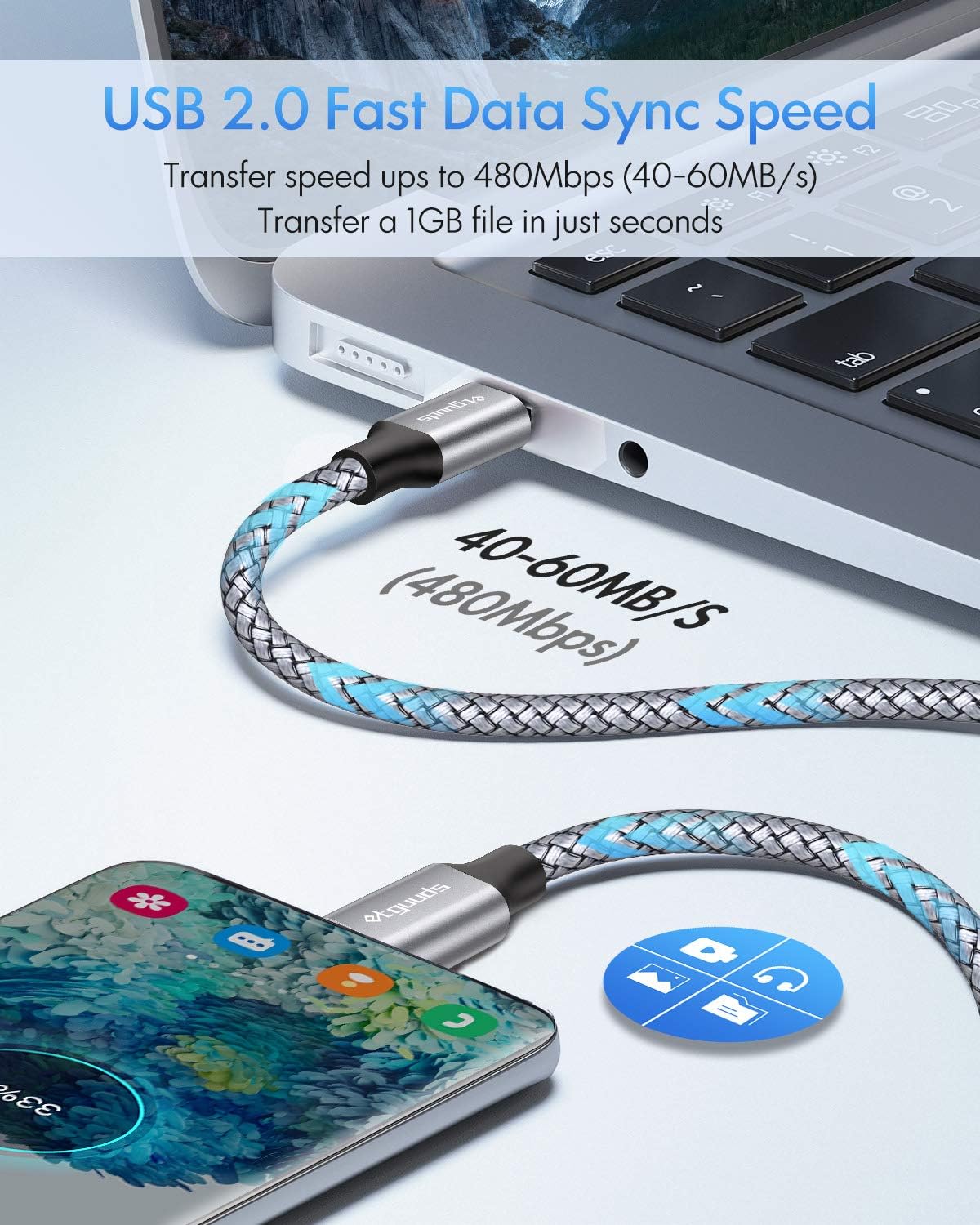 Detalle 2 de etguuds USB C to USB C Cable 3ft, 60W fast charging cable