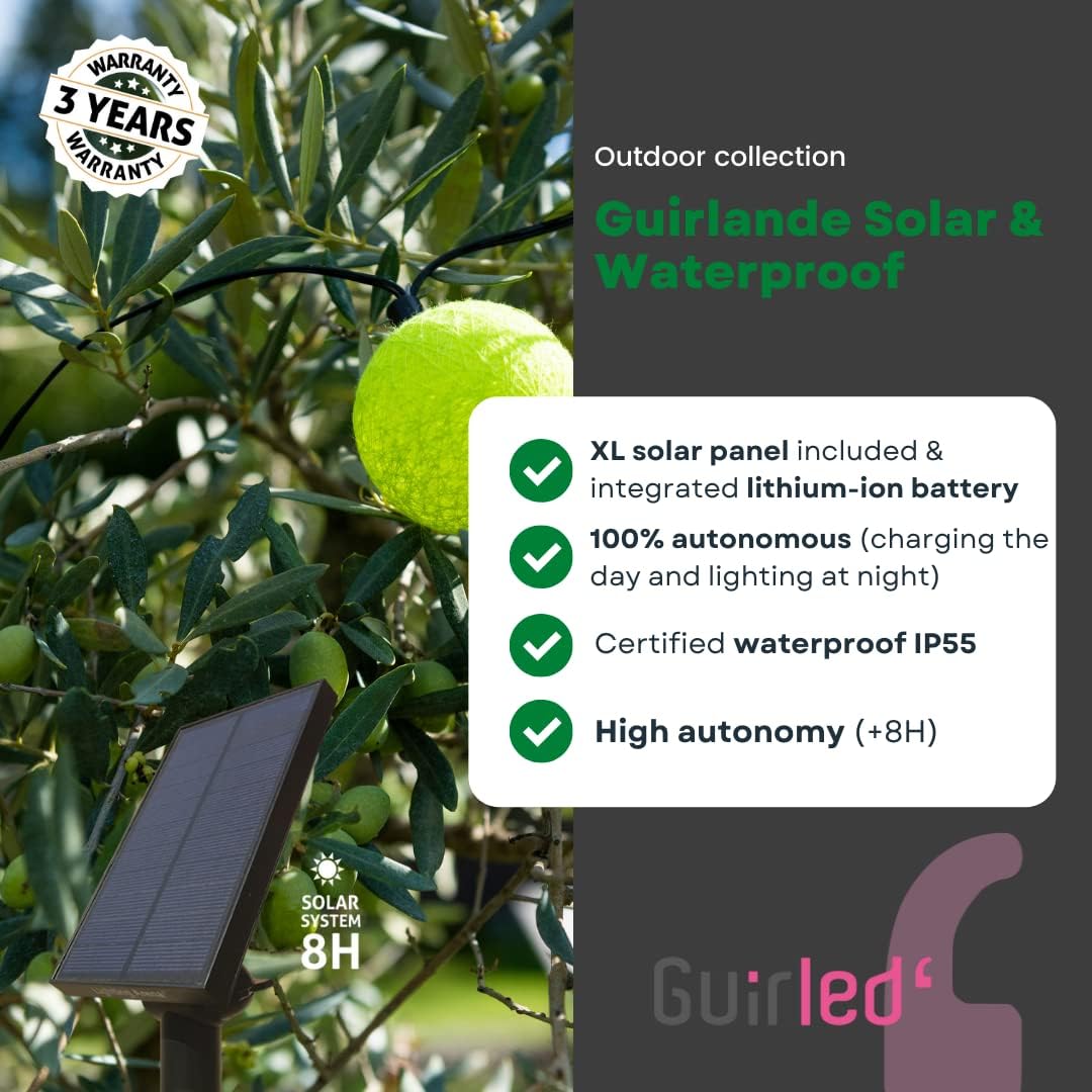 Detalle de GuirLED Außengirlande mit Lichtkugeln LED-Guinguette – IP55, Solarpanel, 9 m insgesamt