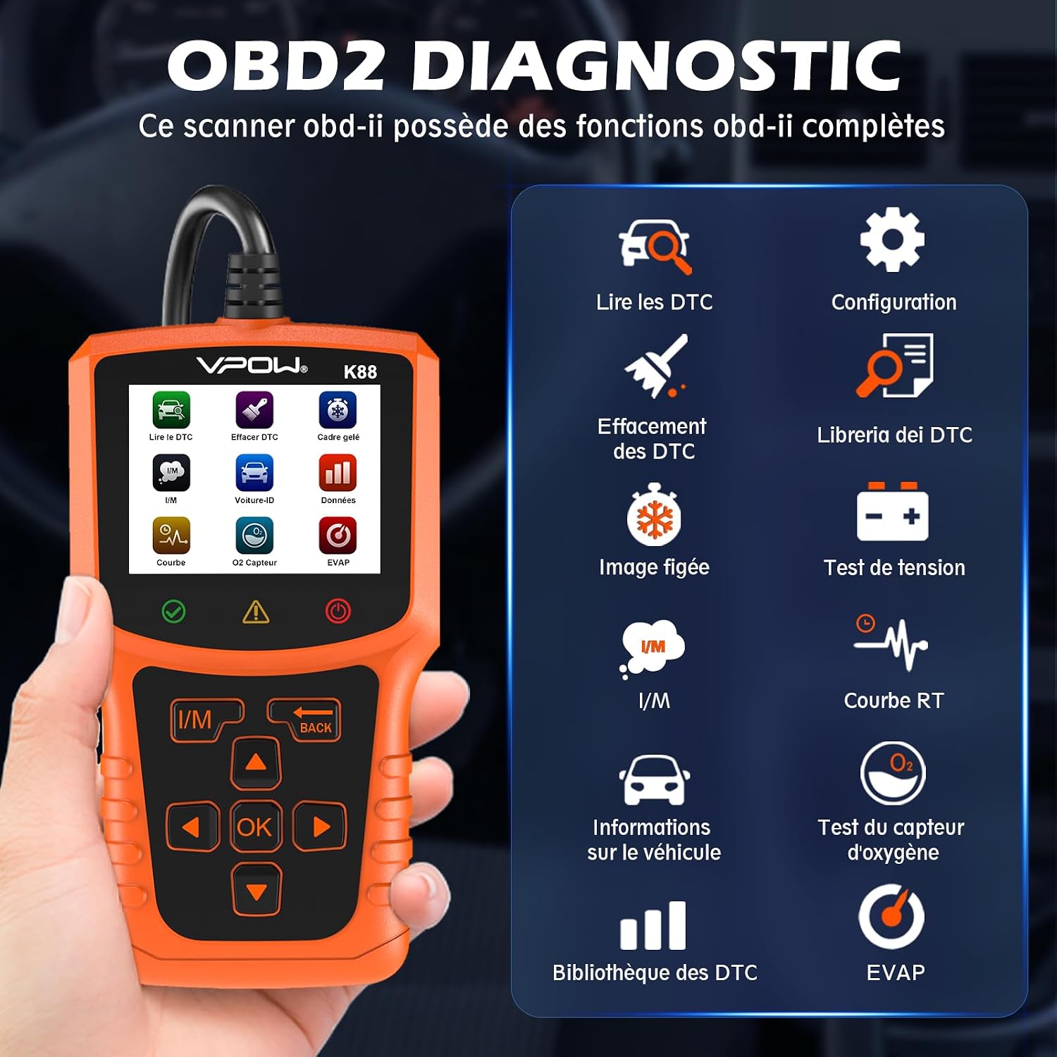Detalle 2 de VPOW OBD2-diagnosescanner met kleurenscherm van 2,8 inch en livegegevens