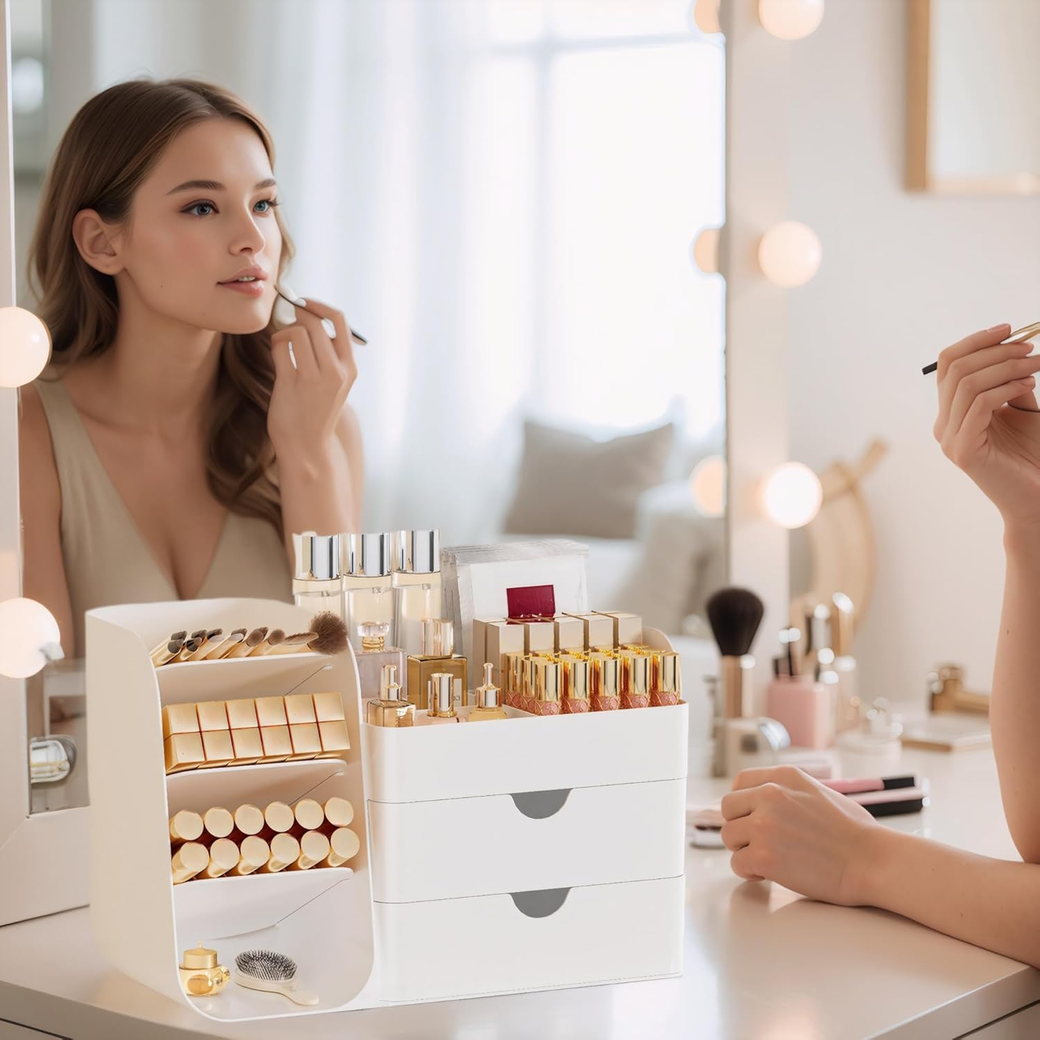Detalle de FYABREEK Makeup Organizer with 2 M Drawers & Brush Holders (All White, M)