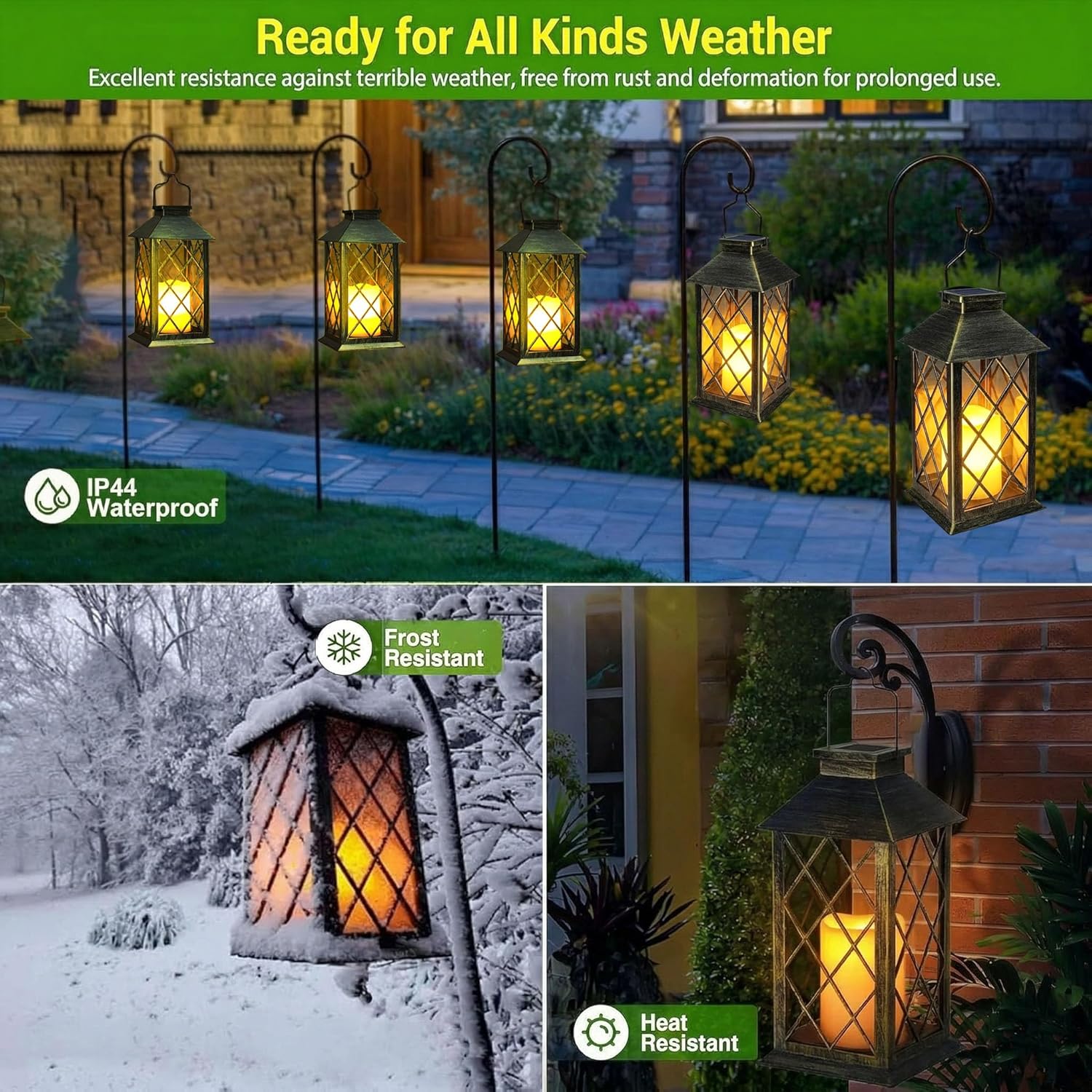 Thumbnail 6 de Yowin Solar Lanterns for Outside (2 Pack) 35cm Hanging Lanterns with Flickering LED Candle, Tempered Glass, IP44 – Bronze