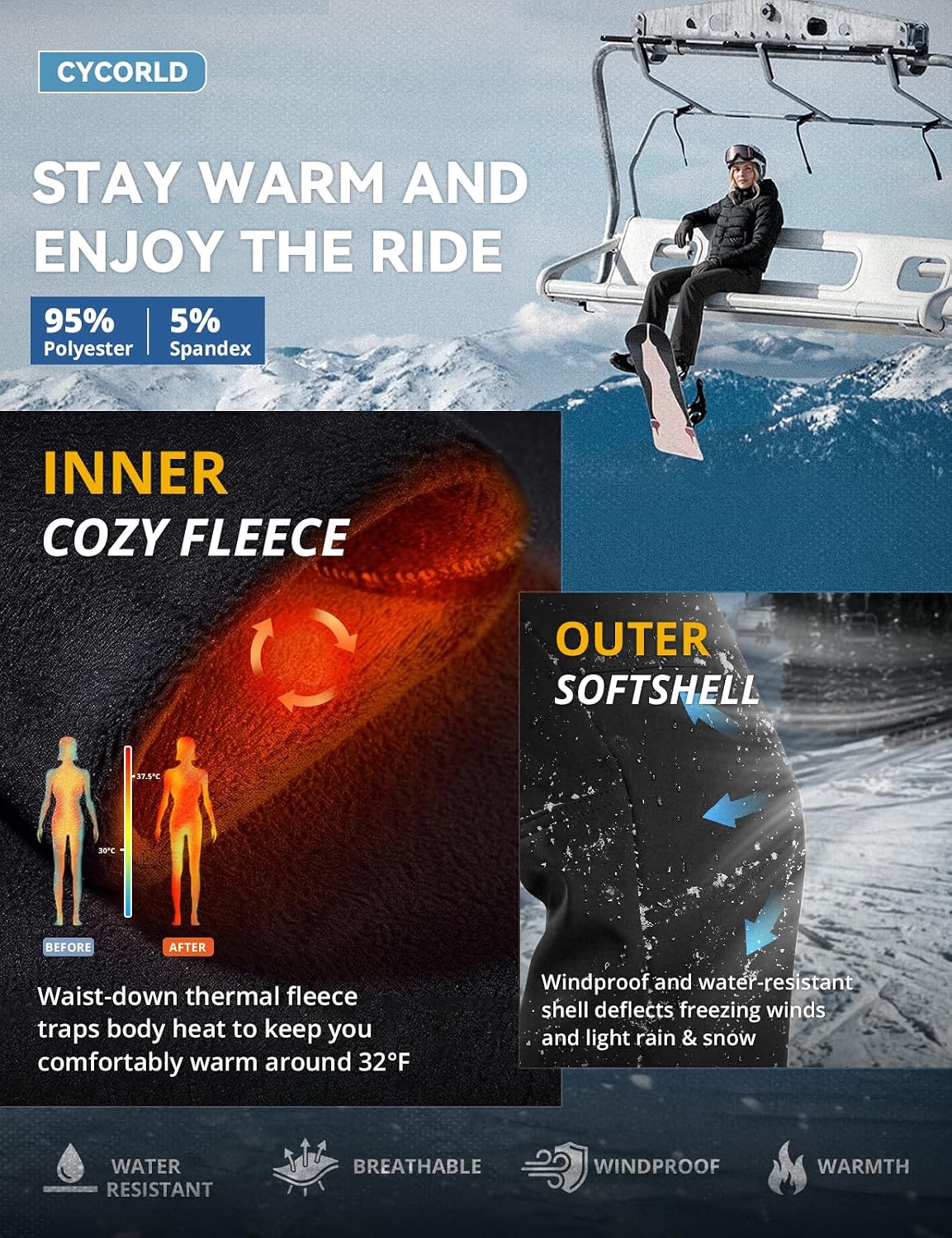 Detalle de Cycorld Women's Snow Ski Pants Fleece Lined Waterproof Flare
