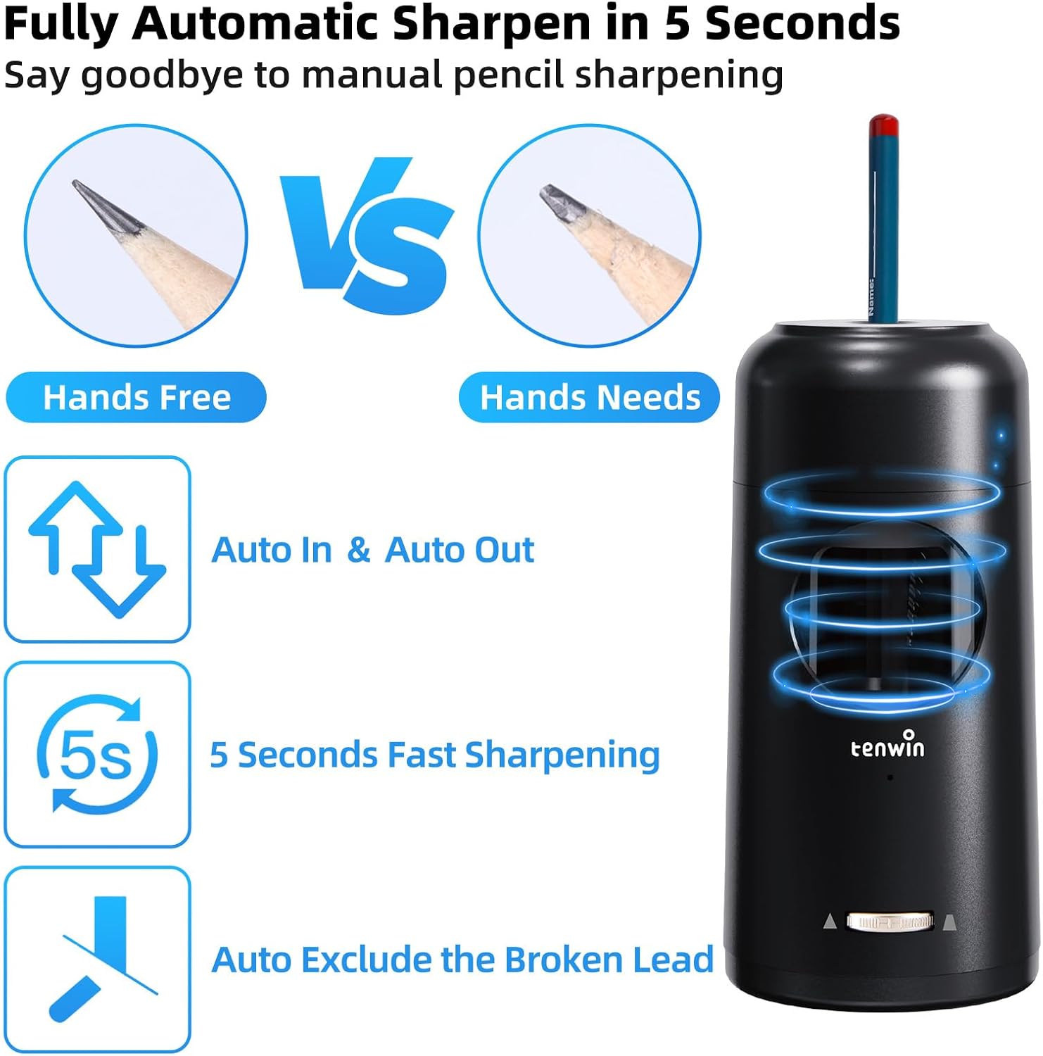 Thumbnail 1 de tenwin Fully Automatic Electric Pencil Sharpener – Rechargeable, 7–11.5mm, Safe & Compact