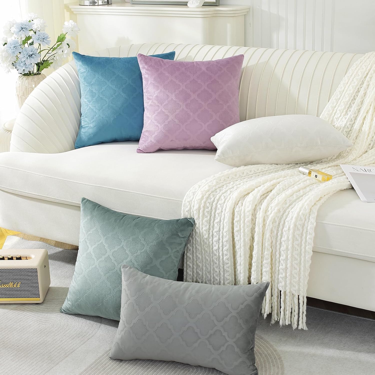 Thumbnail 6 de Ystyle : lot de 2 housses de coussin velours côtelé 60x60 (beige/blanc) – fermeture éclair invisible