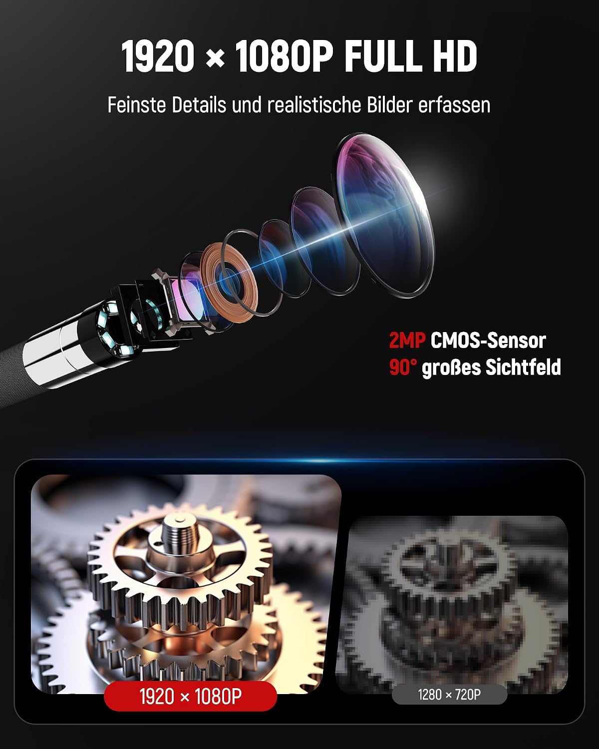 Thumbnail 2 de KAIWEETS Endoskopkamera mit Licht – 6,5 mm Dünn, 210° Articulation, 1080P Display, IP67, 1,6 m Kabel