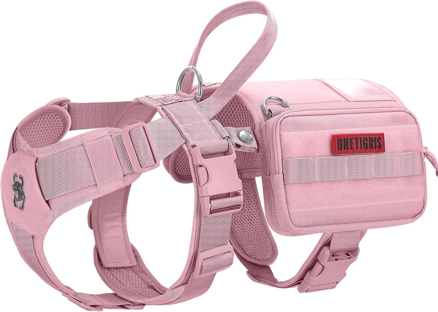 OneTigris Harnais Guardian pour chien M - rose, 3 anneaux en D inoxydable, poche MOLLE et grande capacité