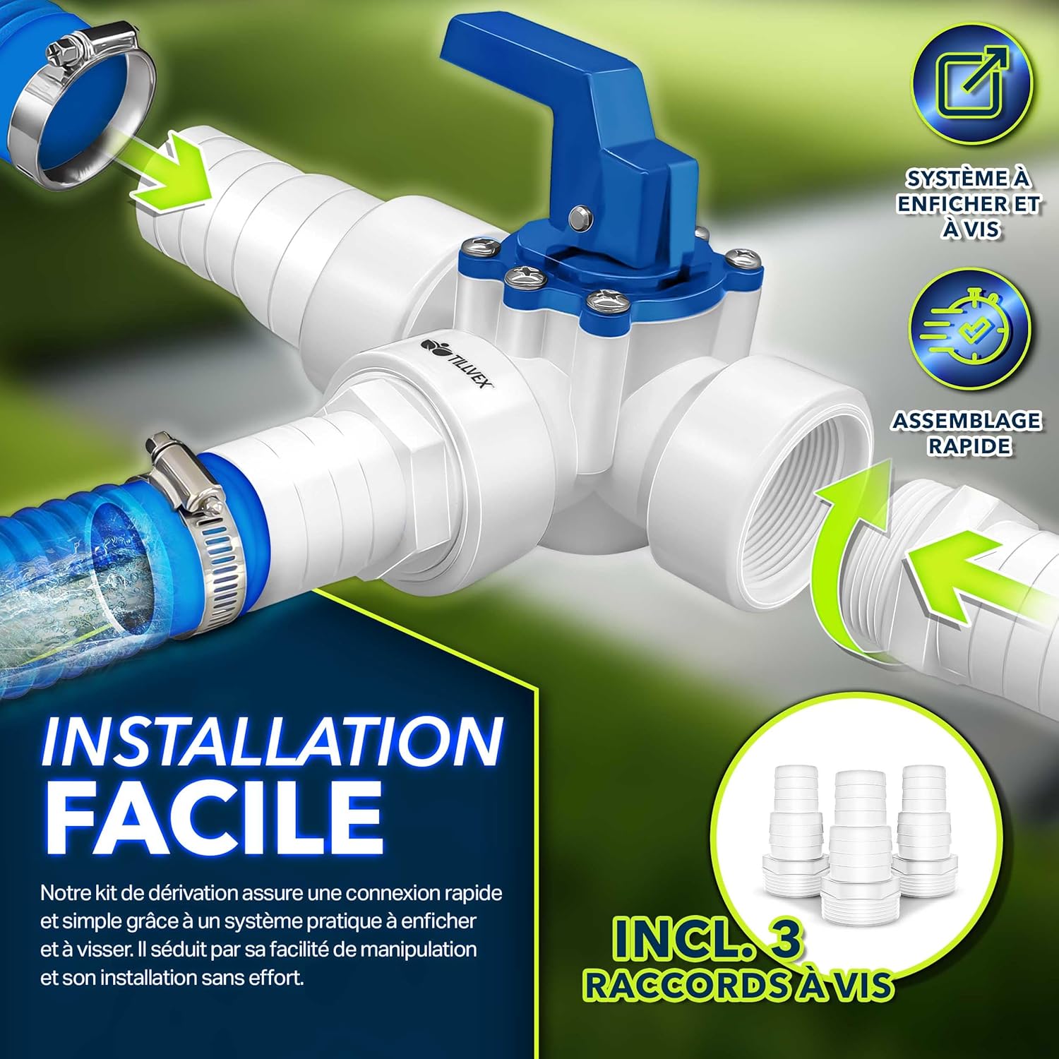 Thumbnail 6 de tillvex Bypass Kit Piscine 12 pièces – Ø 32 & 38 mm | Valve 3 Voies, Adaptateur ABS et accessoires