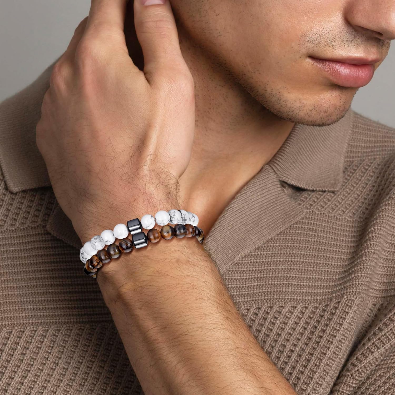 Thumbnail 6 de Bracelet Morotole œil de tigre 8 mm pour homme (ensemble réglable en pierre de lave)