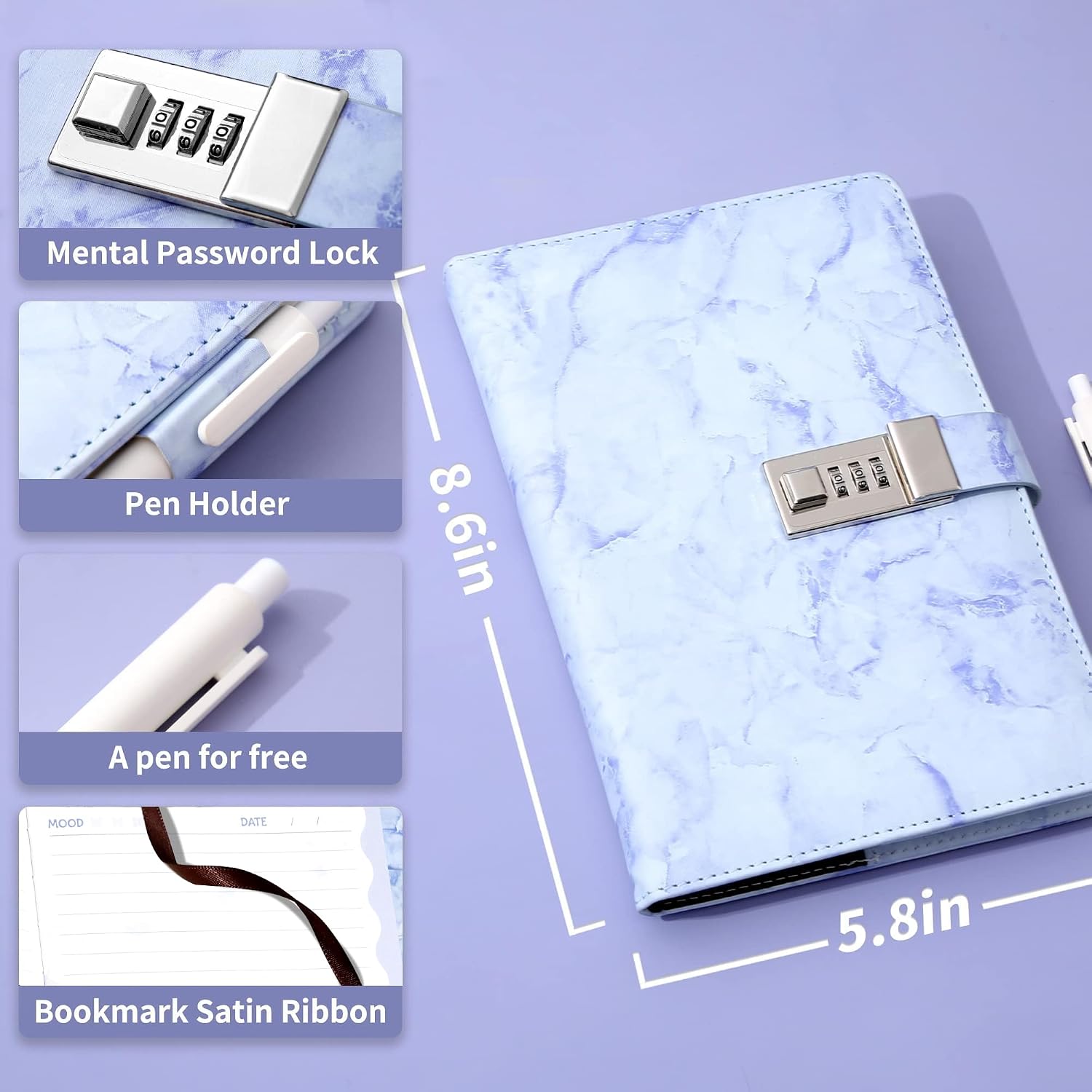 Detalle de CAGIE A5 Marble Diary with Lock 192 Pages ๐