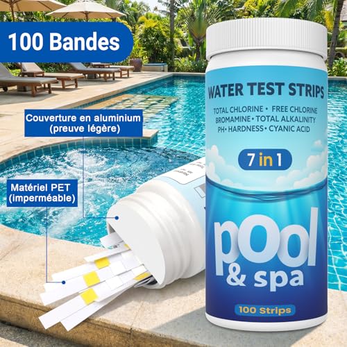 Detalle 2 de AKSBTEC 7-en-1 Bandelette Piscine – Test TAC pour Piscine (pH, Chlore Libre, Chlore Total, Brome, TAC, TH, CYA)