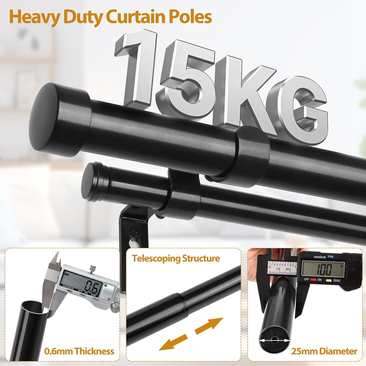Detalle de KAMANINA Schwarz Gardinenstange 2 Läufig | Verstellbar 167–304 cm, 25 mm Ø, max. 15 kg