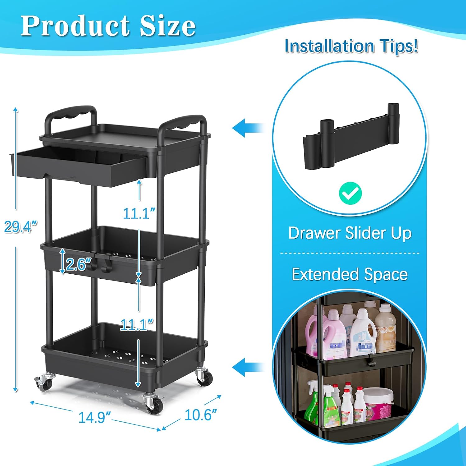 Detalle 2 de SUNALLY SN-UC03B 3-Tier Rolling Cart with Drawer, Hooks and Locking Wheels