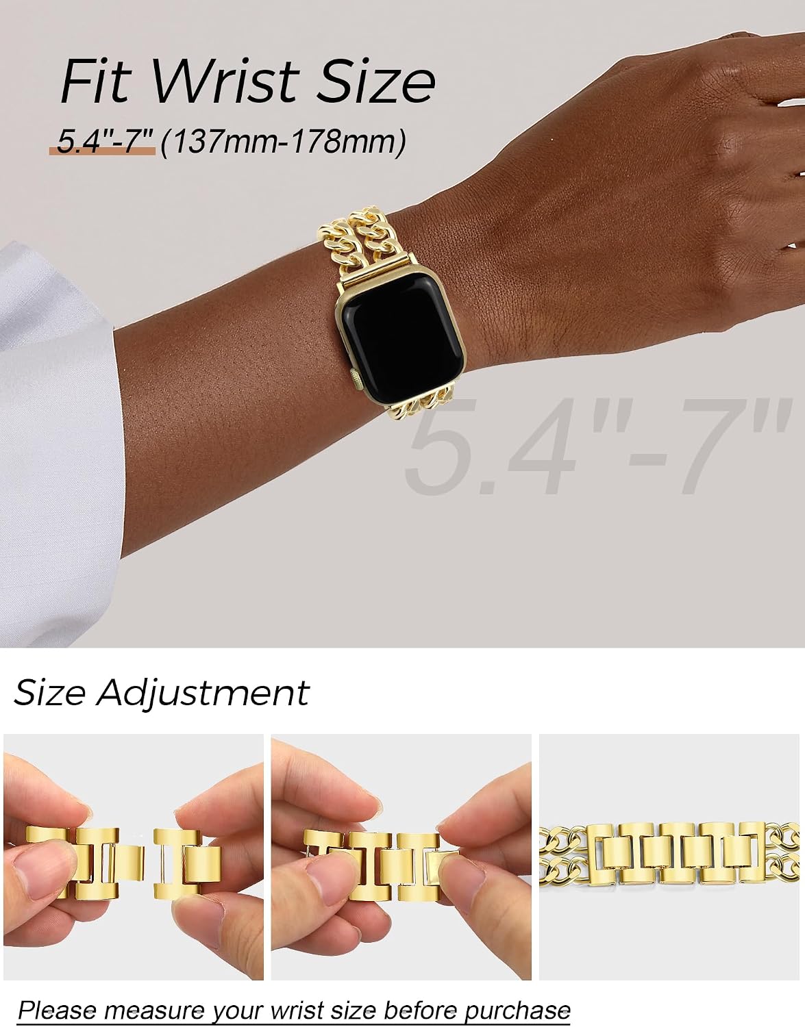 Detalle de JR.DM Gold Watch Bands for Women — Adjustable Metal Bracelet for Apple Watch (42mm/44mm/45mm/46mm/49mm)