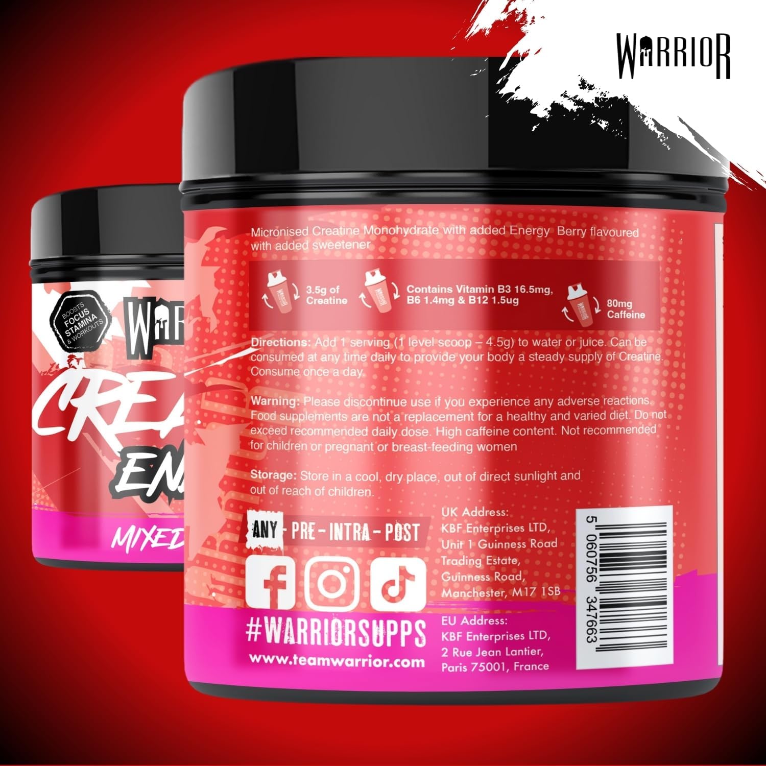 Thumbnail 3 de Warrior Kreatin Monohydrat + Energy Pulver 360 g (Gemischte Beeren) – 80 Portionen mit Koffein & Vitaminen