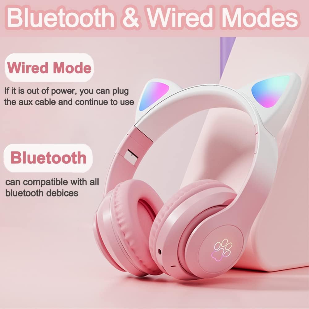 Detalle de TOKANI Kids Headphones Bluetooth with Cat Ear LEDs (Pink Pro)
