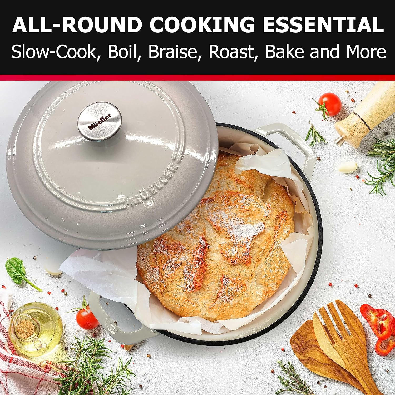 Thumbnail 6 de Mueller 6qt Enameled Cast Iron Dutch Oven with Lid and Knob (White)