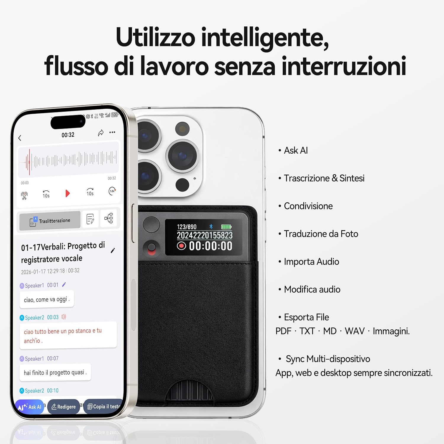 Thumbnail 6 de KaiwuTek Note Pro Registratore Vocale AI con trascrizione e custodia magnetica