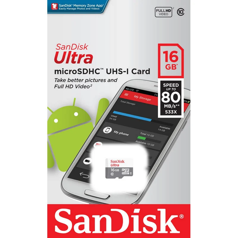 Detalle 2 de SanDisk Ultra microSDHC 16GB Clase 10 UHS-I: memoria extra para Android