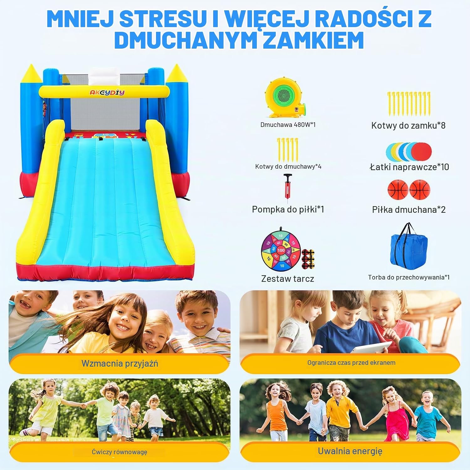 Detalle de AKEYDIY dmuchany zamek dla dzieci ze zjeżdżalnią, trampoliną i koszem
