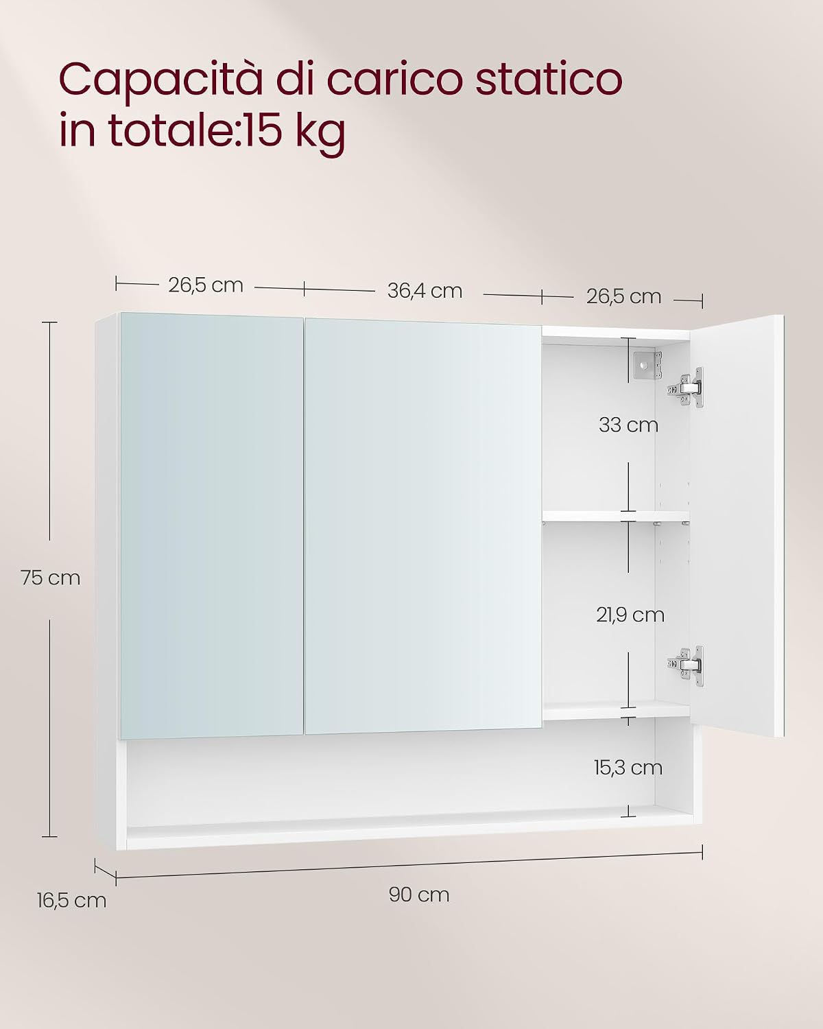 Detalle de VASAGLE Kailyn Collezione - Armadietto Bagno da Parete con Specchio, 16,5 x 90 x 75 cm, Bianco Nuvola BBK130W01