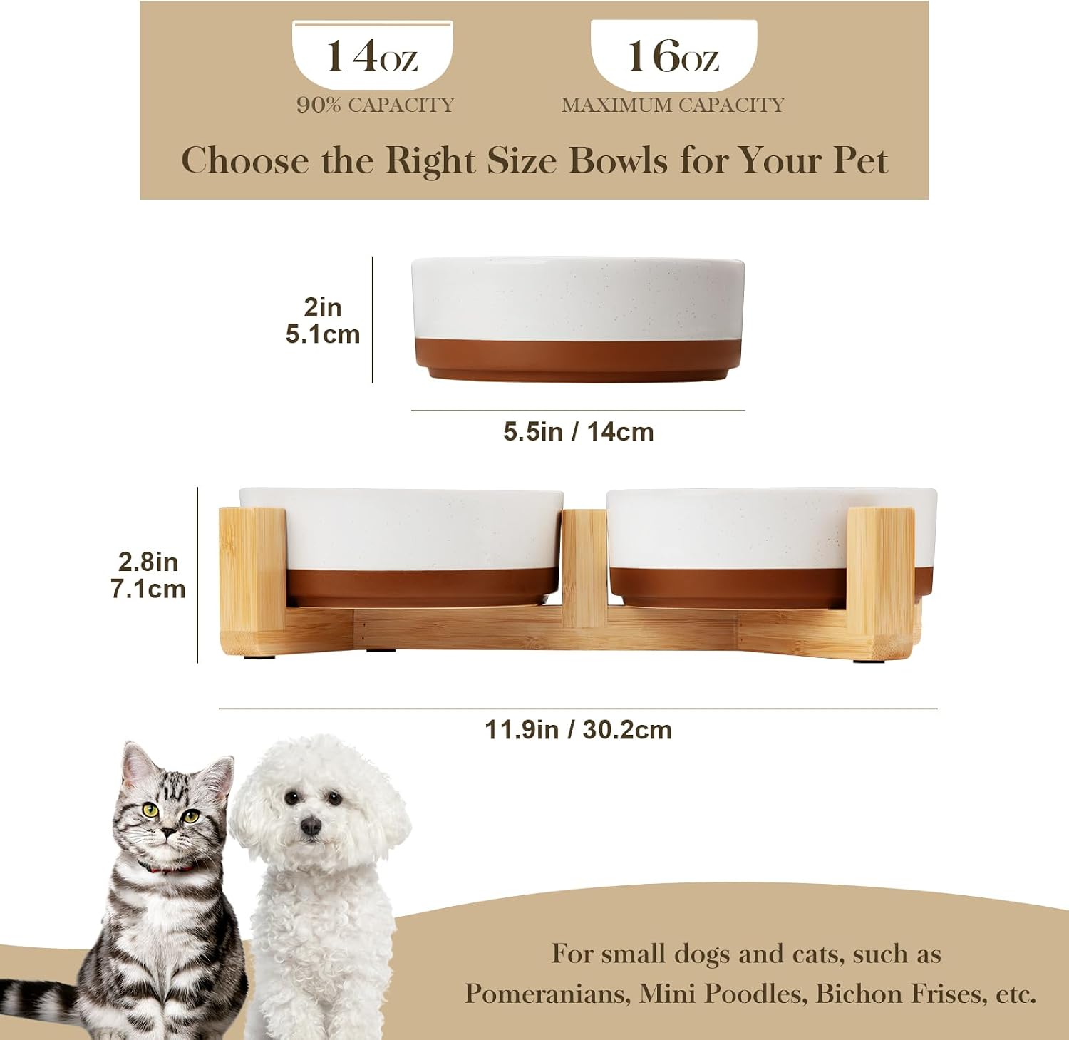 Thumbnail 1 de MALACASA 1.5-Cup Ceramic Dog Bowls with Wood Stand — Small Size, Dual Food & Water Bowls for Cats & Small Dogs