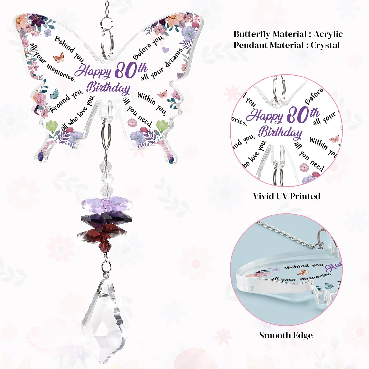 Detalle de KAAYEE 80th Birthday Butterfly Crystal Suncatcher – Keepsake for Mum, Nan, Auntie or Special Friend