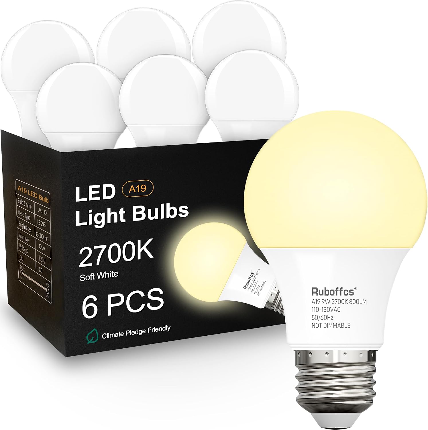 Detalle de Ruboffcs R-A19-9W A19 LED Bulbs, 2700K Soft White, 800 Lumens, 6-Pack