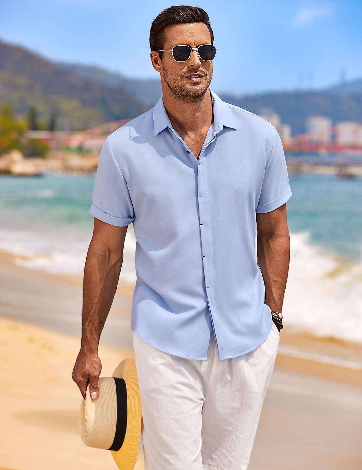 Detalle 2 de COOFANDY chemise en lin homme à manches courtes boutonnée – style plage coupe régulière