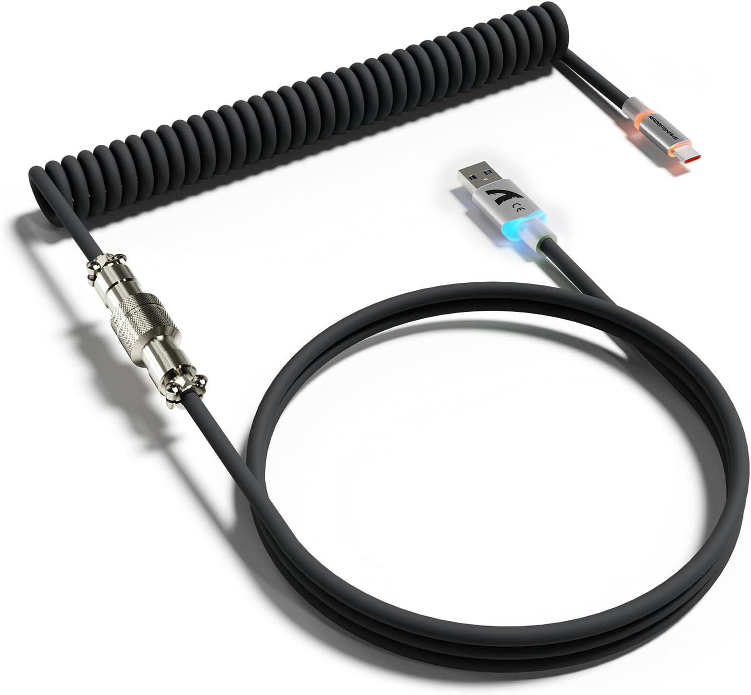 Detalle de ATTACK SHARK C01 ULTRA RGB-Spiralkabel für Gaming-Tastaturen – USB-C auf USB-A, TPU, Aviator-Stecker, Schwarz