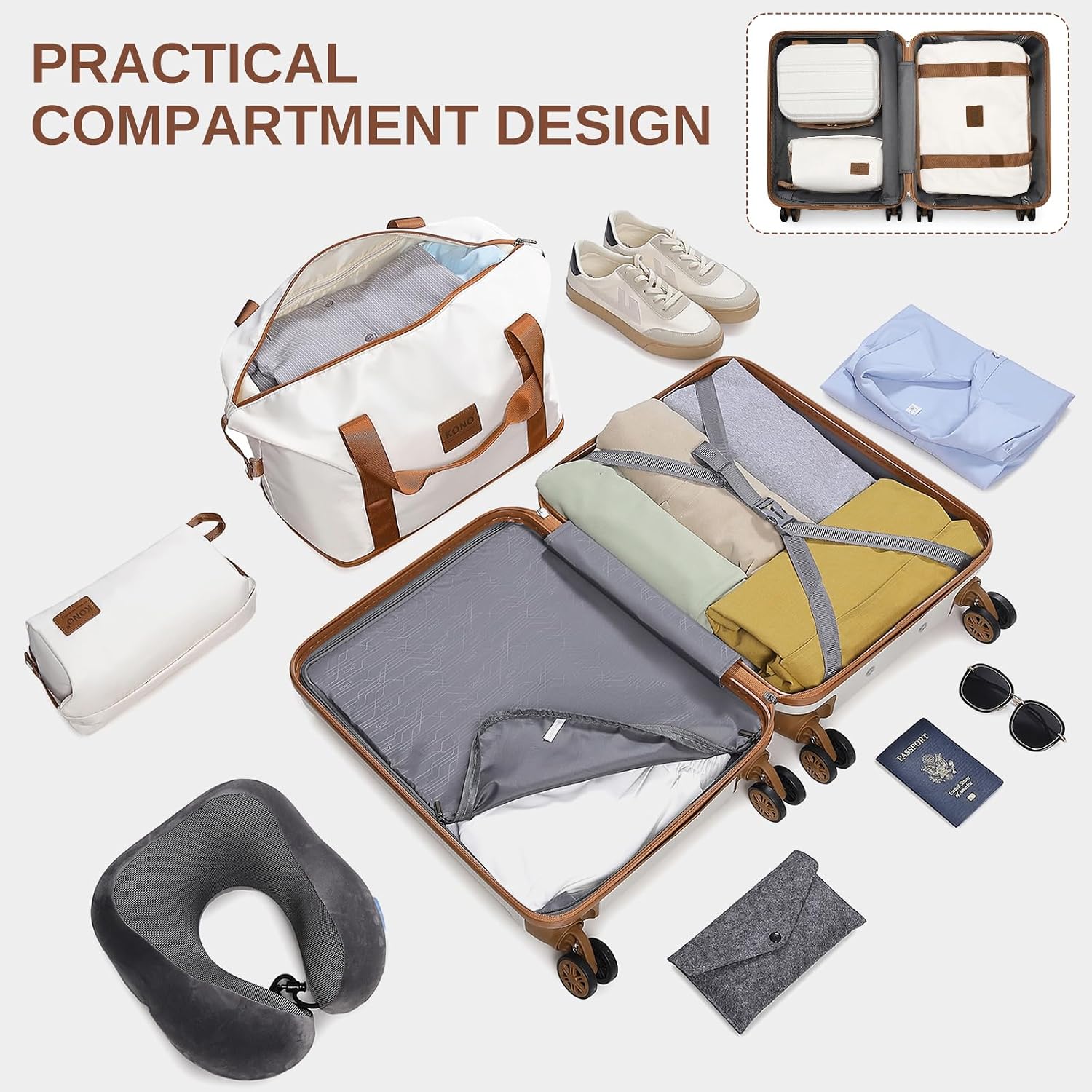 Detalle de Kono Suitcase Lightweight ABS+PC 4-Piece Set with TSA Lock and 360° Wheels (Cream White)