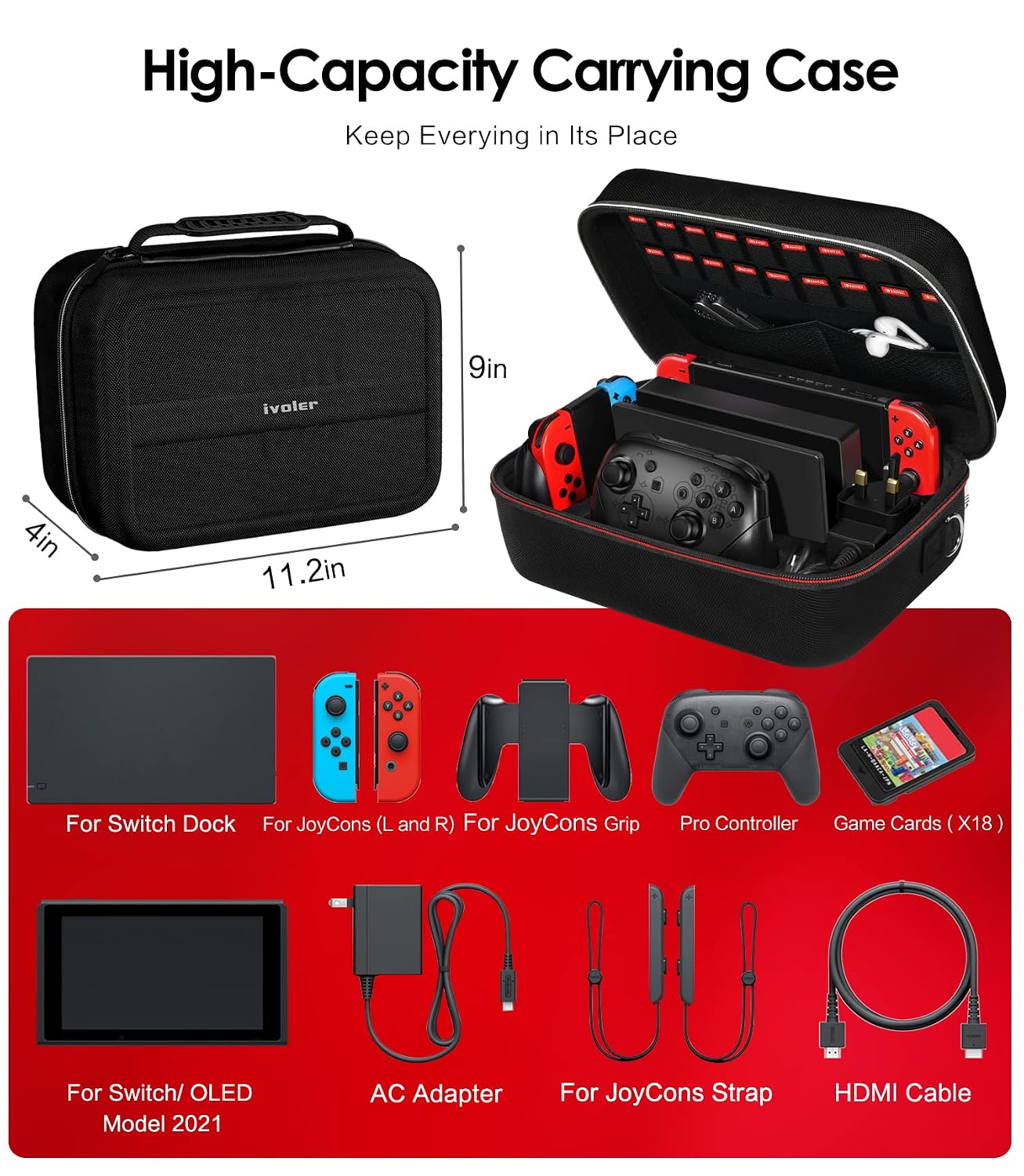 Detalle de iVoler zerkar Nintendo Switch Carrying Case, EVA Hard Shell, 18-Game Storage