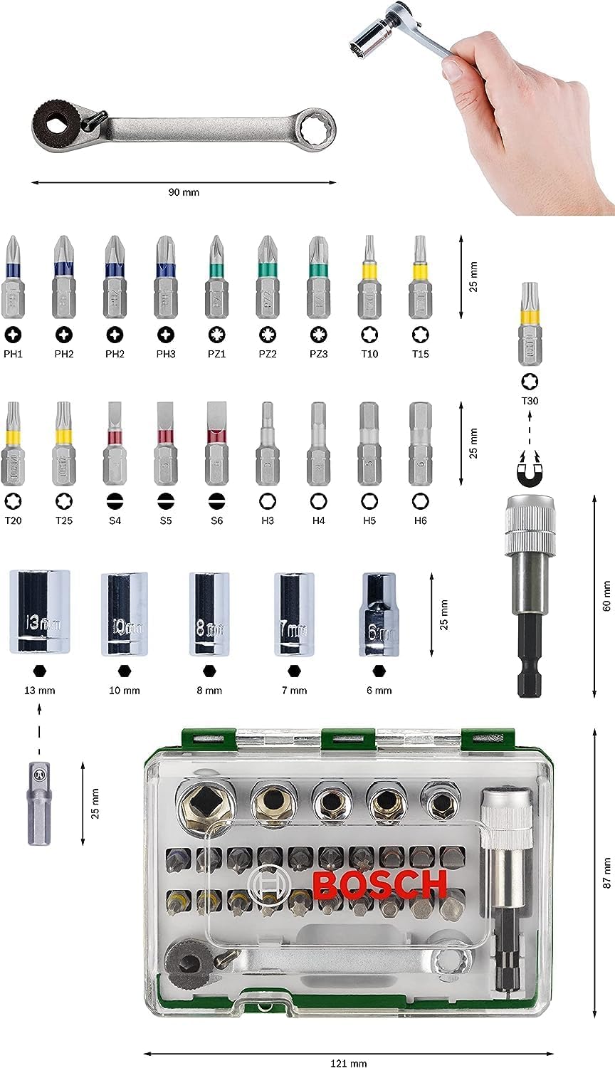 Thumbnail 2 de Bosch 27pc Screwdriver Bit and Ratchet Set with Ratchet, Magnetic Adapter and Coloured Bits