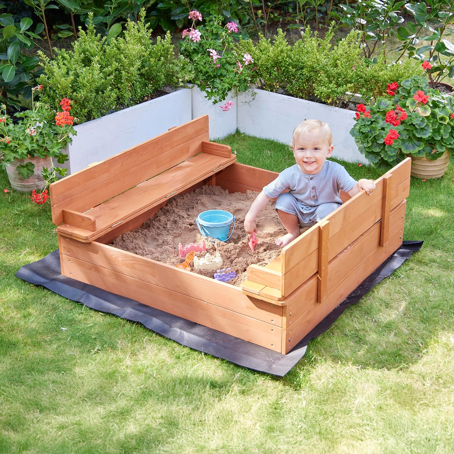 Detalle de Liberty House Toys Children's Sand Pit with Seating and Cover — Durable FSC Cedar, 215 x 1000 x 970 mm