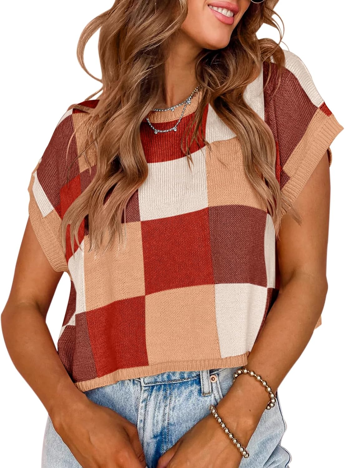 Detalle de Saodimallsu Women’s Cap Sleeve Crop Top: Color Block Knit for Summer Vibes