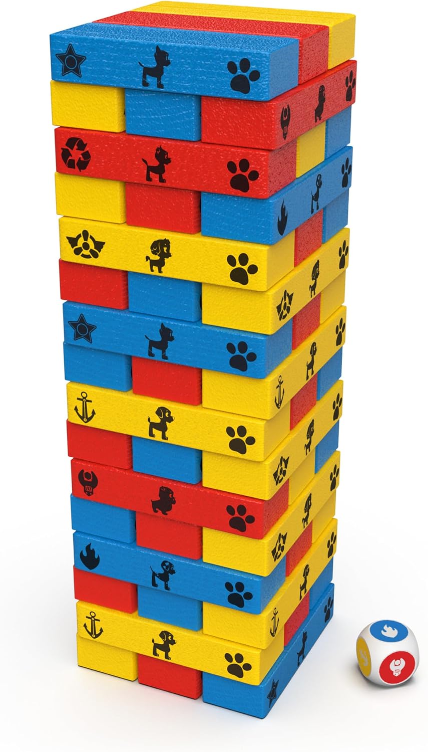 Detalle de Paw Patrol Pat Patrouille – Tour Infernale : jeu de société d’équilibre à construire (48 blocs et 1 dé)