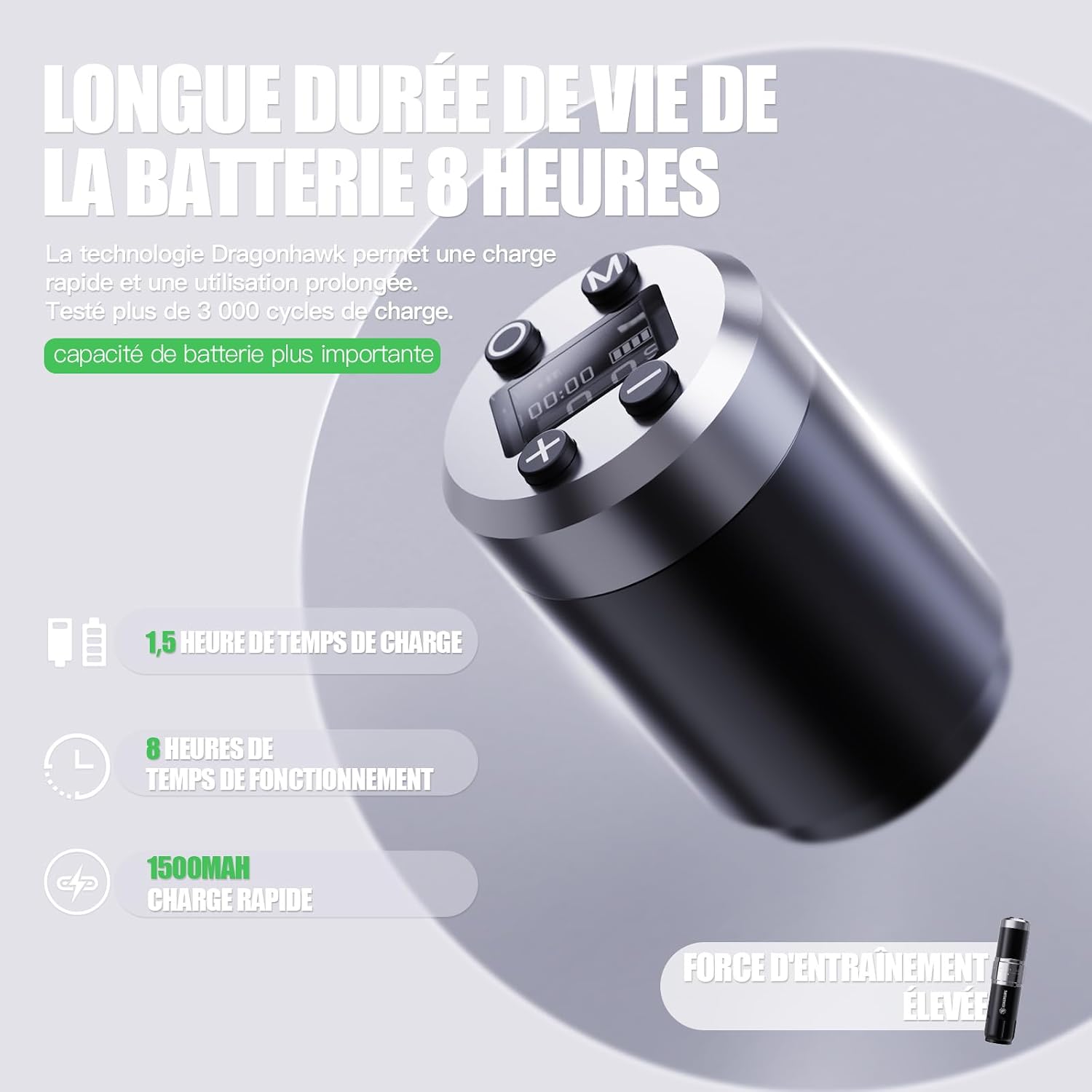 Thumbnail 6 de Dragonhawk Stylo de tatouage sans fil rotative — 1500 mAh, course réglable 2,4–4,2 mm, LED, pour débutants