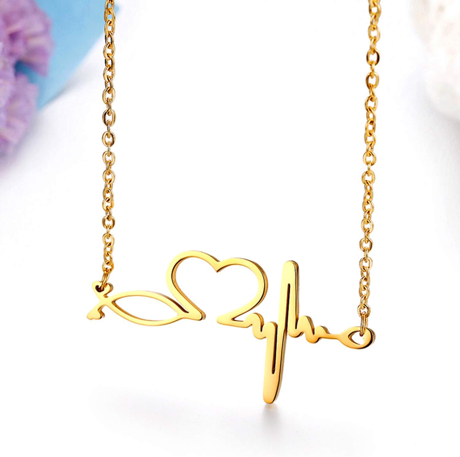 Detalle 2 de JewelryWe Edelstahl Herzschlag Anhänger mit 50 cm Kette – EKG Rhythmus, Stethoskop-Charme, Damen