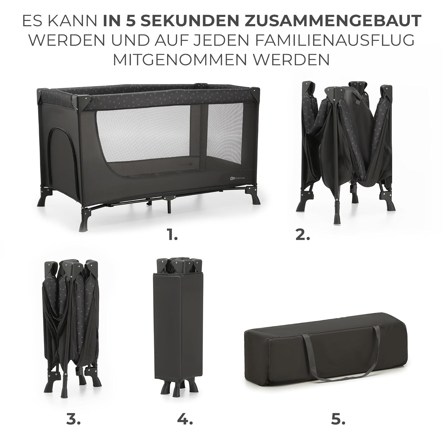 Detalle de Kinderkraft JOY LIGHT Reisebett: kompaktes, sicheres Babybett für Zuhause und unterwegs
