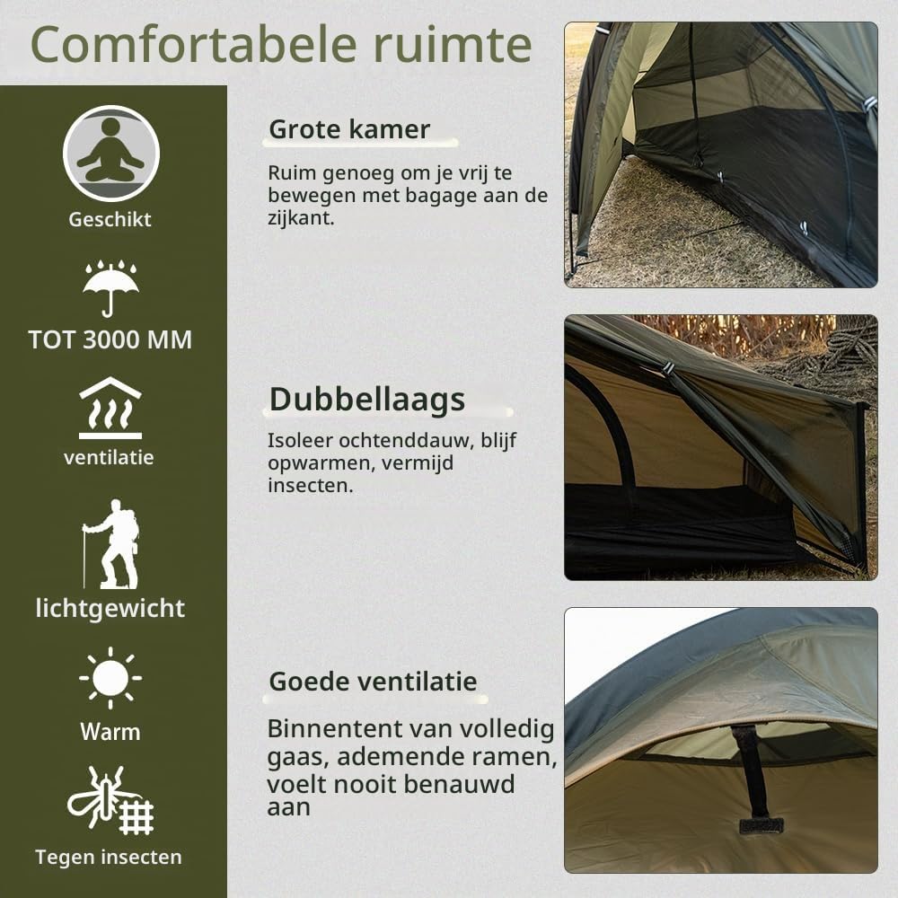 Detalle de TOMOUNT Bivy Tnl-4NyZt bivaktent voor 1 persoon, waterdicht en dubbellaags