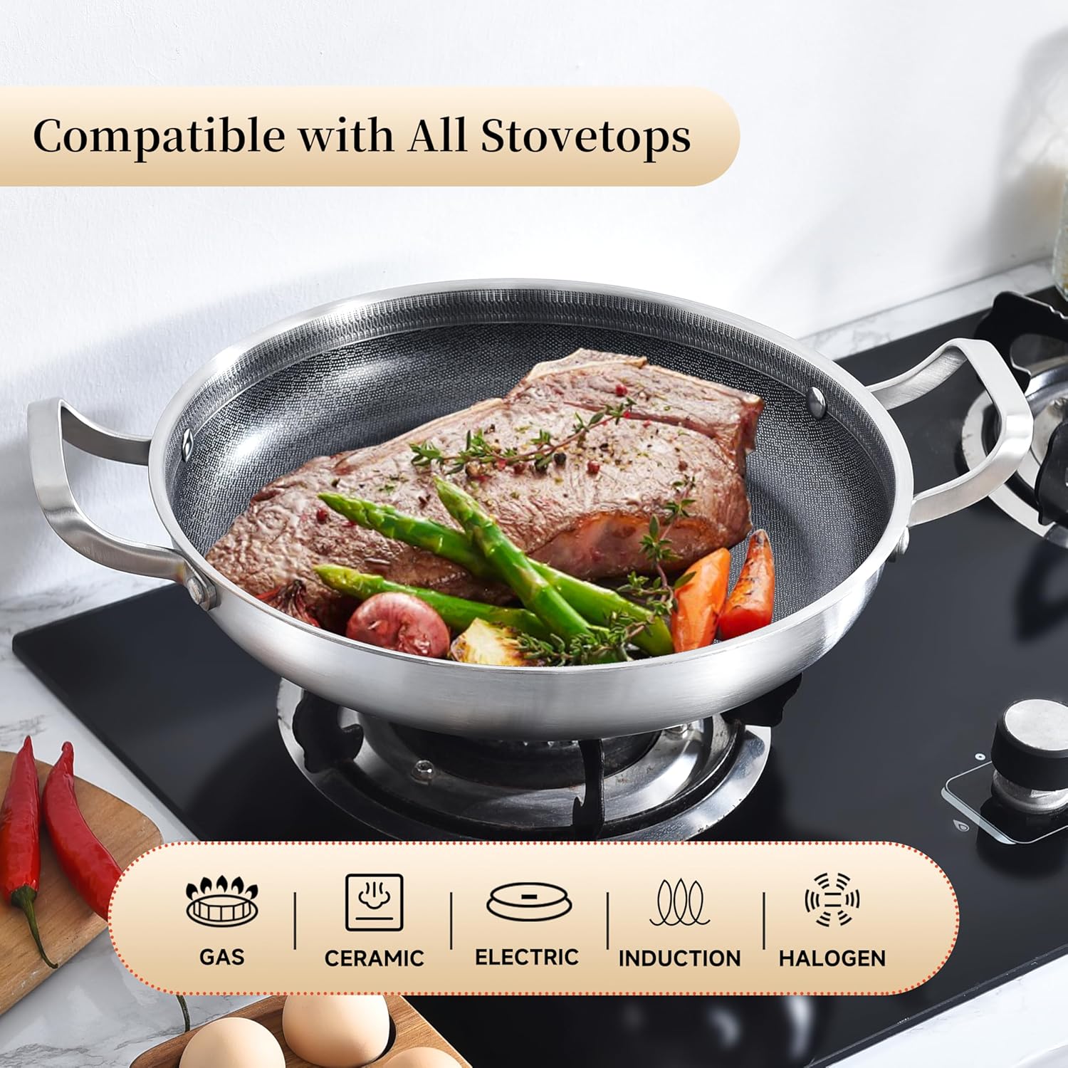 Thumbnail 2 de Poêle à paella Inox 30 cm Inqibee antiadhésive avec couvercle et tous feux