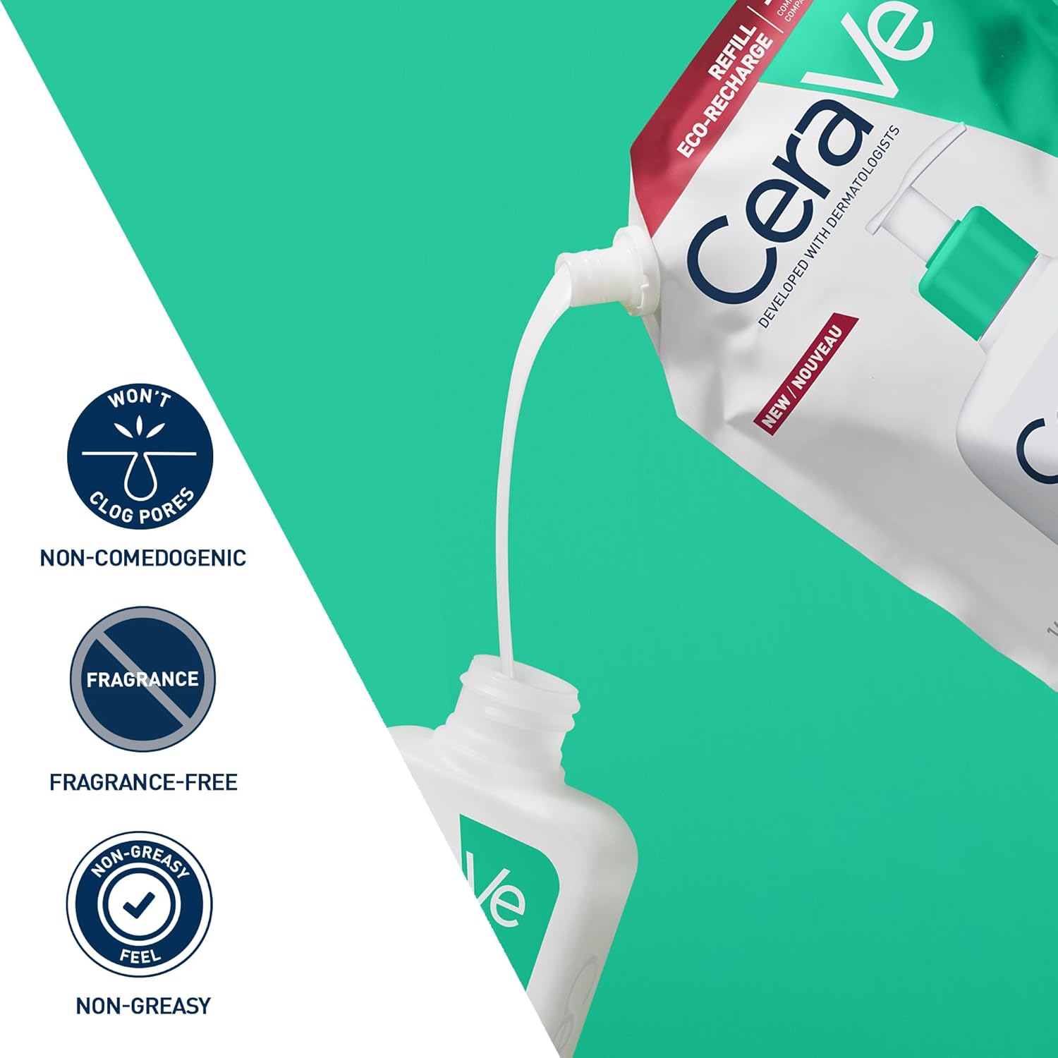 Detalle de CeraVe Hydrating Foaming Cleanser for Normal to Oily Skin (Refill Pouch, 473ml) with Hyaluronic Acid and 3 Ceramides
