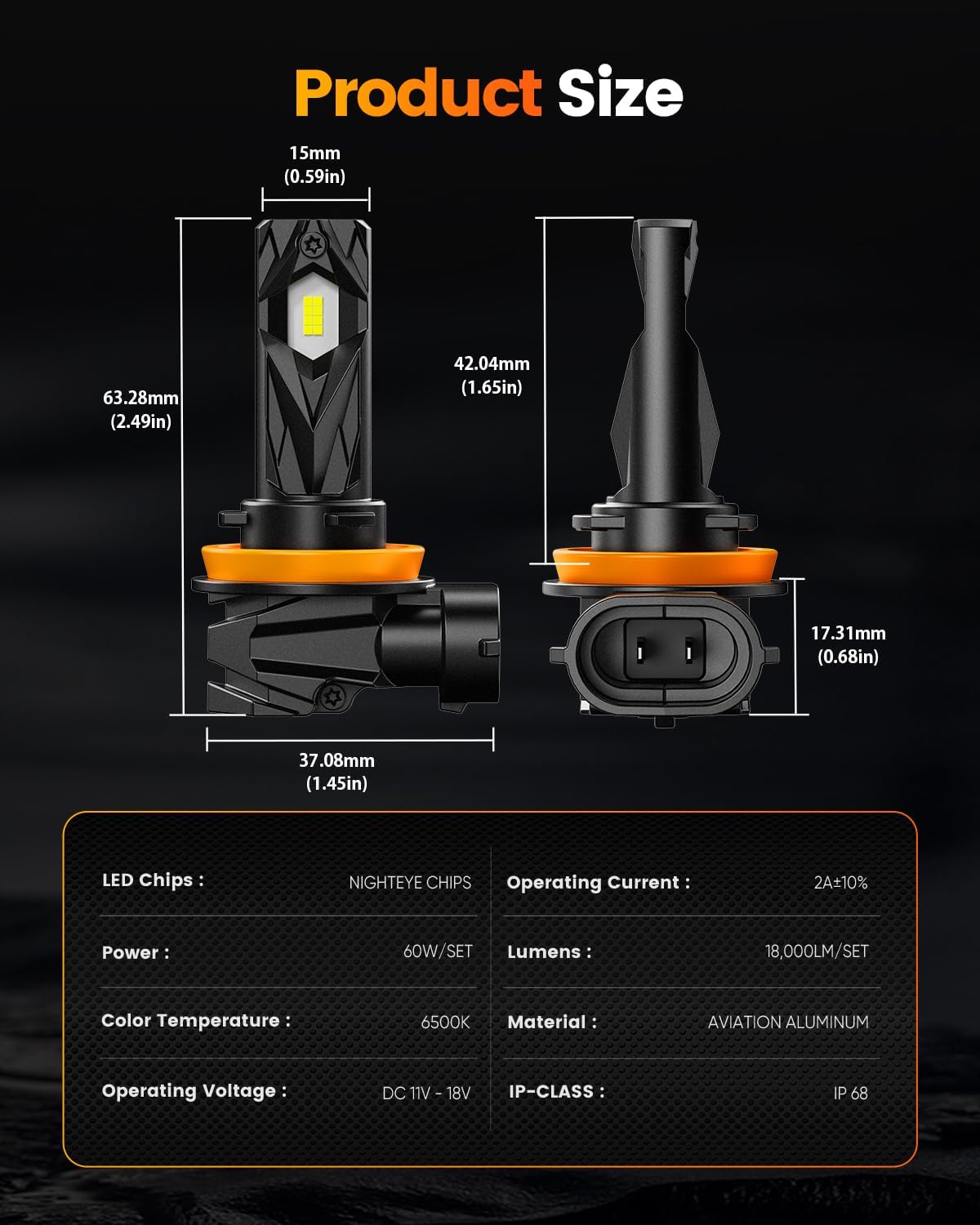 Thumbnail 6 de NIGHTEYE H11 LED Headlight Bulb (1:1 Plug and Play) – 18000LM 6500K, IP68, Pack of 2