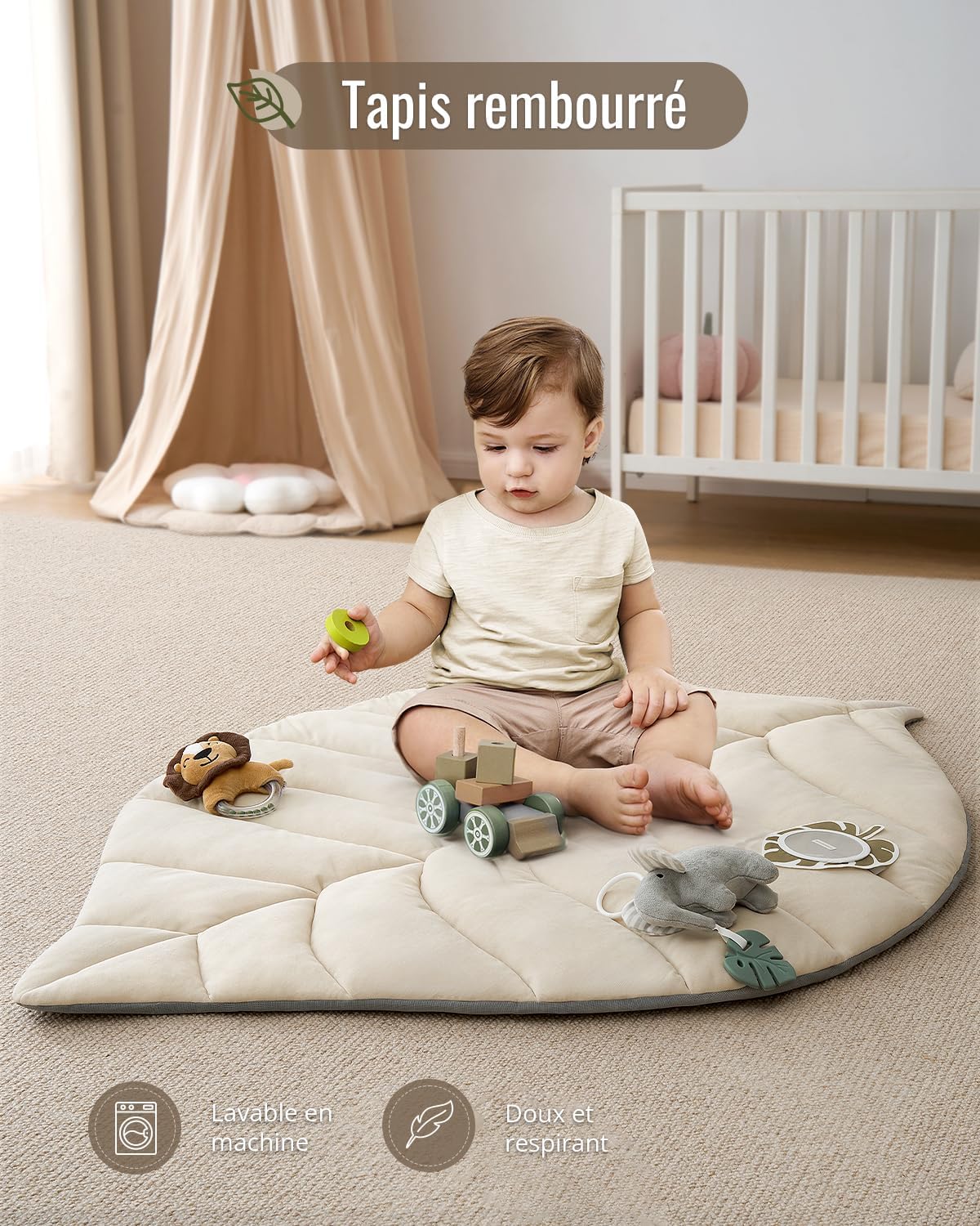 Thumbnail 1 de Blissful Diary tapis d’éveil bébé avec arche amovible (forme feuille) et 6 jouets suspendus – Beige avoine